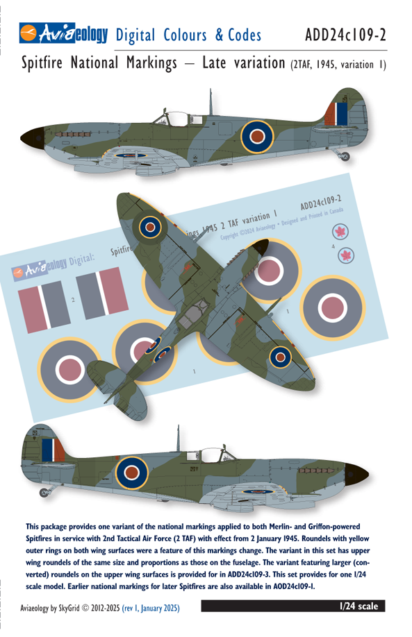 Aviaeology ADD24C109-1 1:24 Supermarine Spitfire National Markings Standard (w/ Type B upper wing roundels)