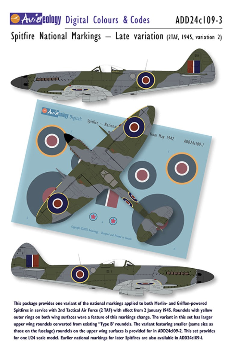 Aviaeology ADD24C109-3 1:24 Supermarine 	Spitfire National Markings – Late (2TAF, 1945, variation 2, large upper wing roundels)