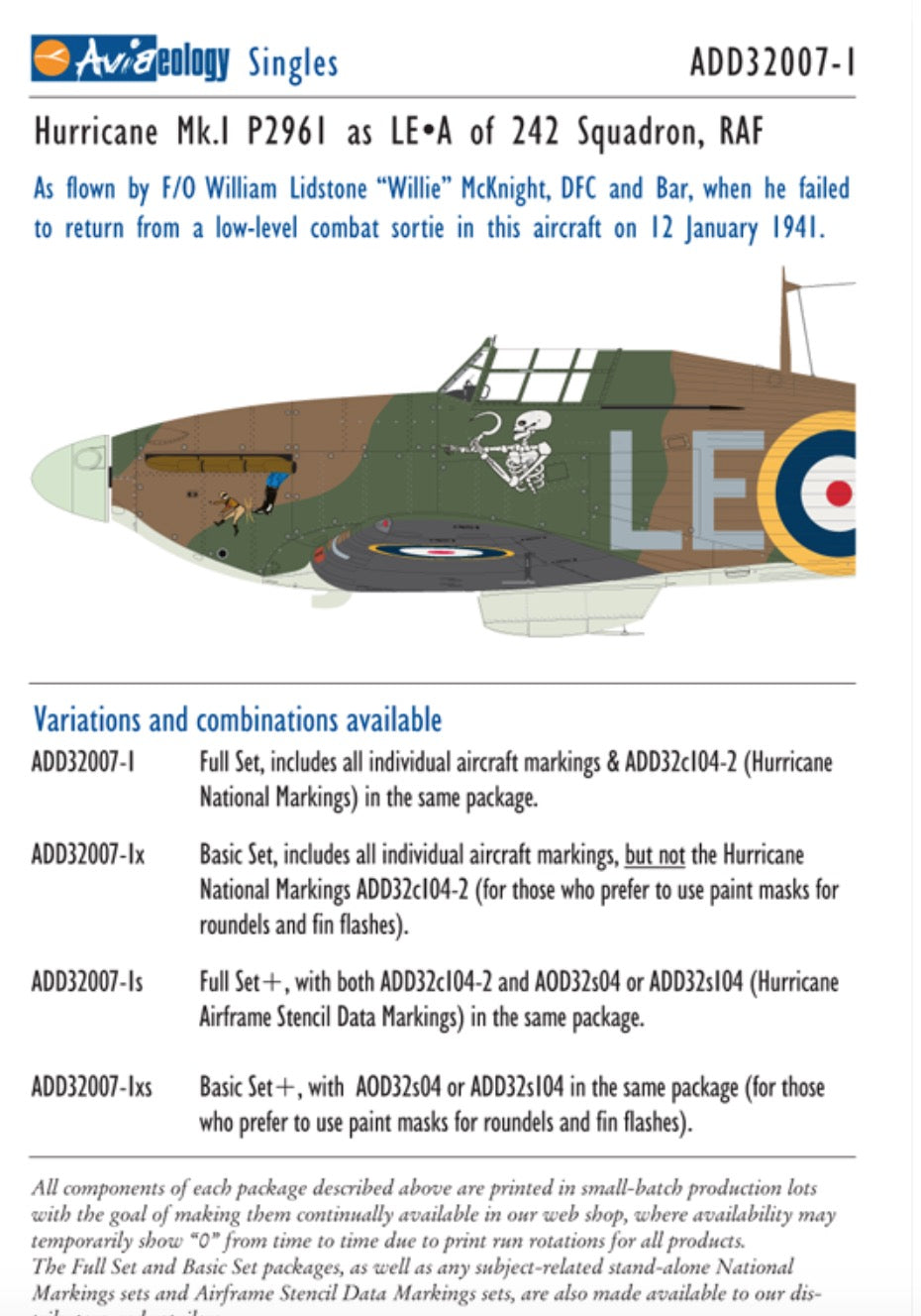 Aviaeology ADD32007-1X 1:32 Hawker Hurricane Mk.I P2961 as LE•A of 242 Sqn, RAF – McKnight aircraft (Basic Set)