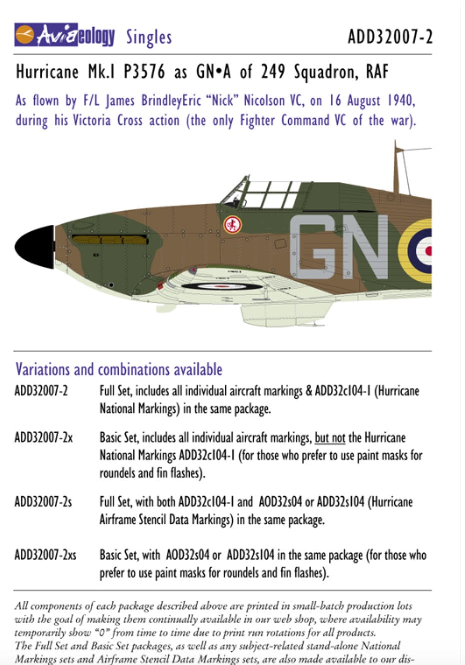 Aviaeology ADD32007-2X 1:32 Hawker Hurricane Mk.I P3576 as GN•A of 249 Sqn, RAF – Nicolson VC (Basic Set)