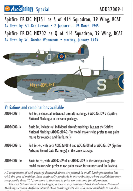 Aviaeology ADD32009-1X 1:32 Supermarine Spitfire FR Mk.IXCs MJ351 & MK202 of 414 Squadron, 39 Wing, RCAF (Basic Set)