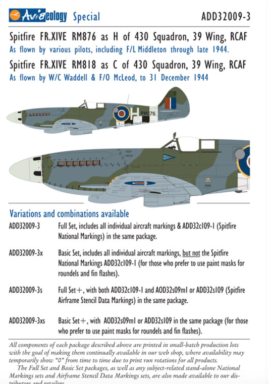 Aviaeology ADD32009-3X 1:32 Supermarine Spitfire FR Mk.XIVEs RM876 & RM818 of 430 Squadron, 39 Wing, RCAF (Basic Set)