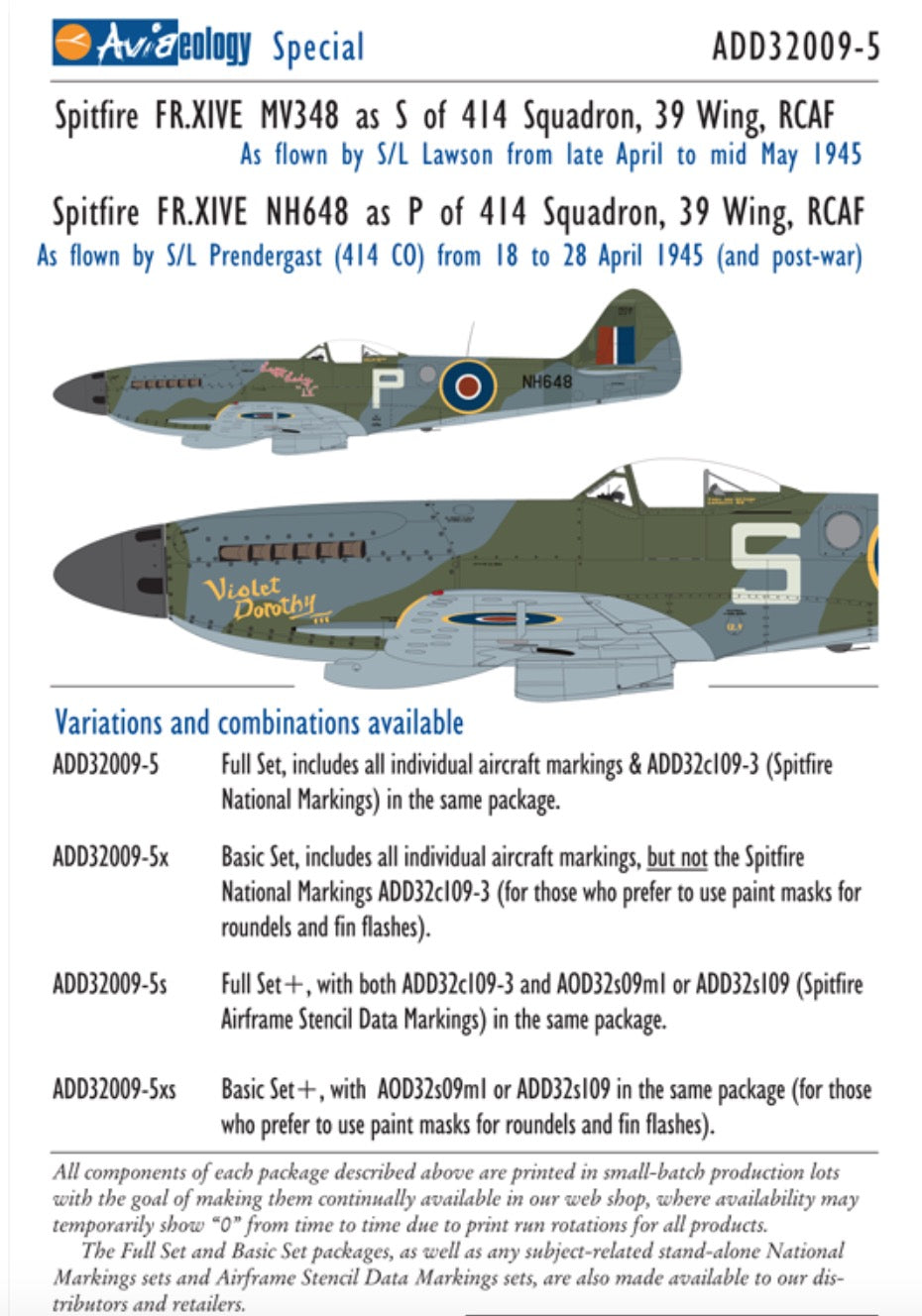Aviaeology ADD32009-5 1:32 Supermarine Spitfire FR Mk.XIVE (low back) MV348 and NH648 of 414 Squadron, 39 Wing, RCAF (Full Set)•