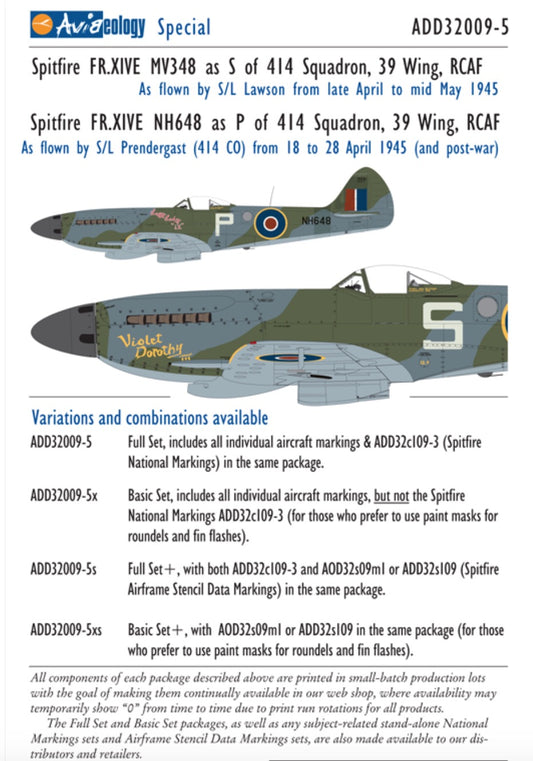 Aviaeology ADD32009-5 1:32 Supermarine Spitfire FR Mk.XIVE (low back) MV348 and NH648 of 414 Squadron, 39 Wing, RCAF (Full Set)•