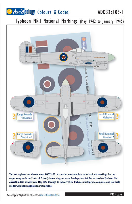 Aviaeology ADD32C103-1 1:32 Hawker Typhoon National Markings – Standard (May 1942-January 1945)