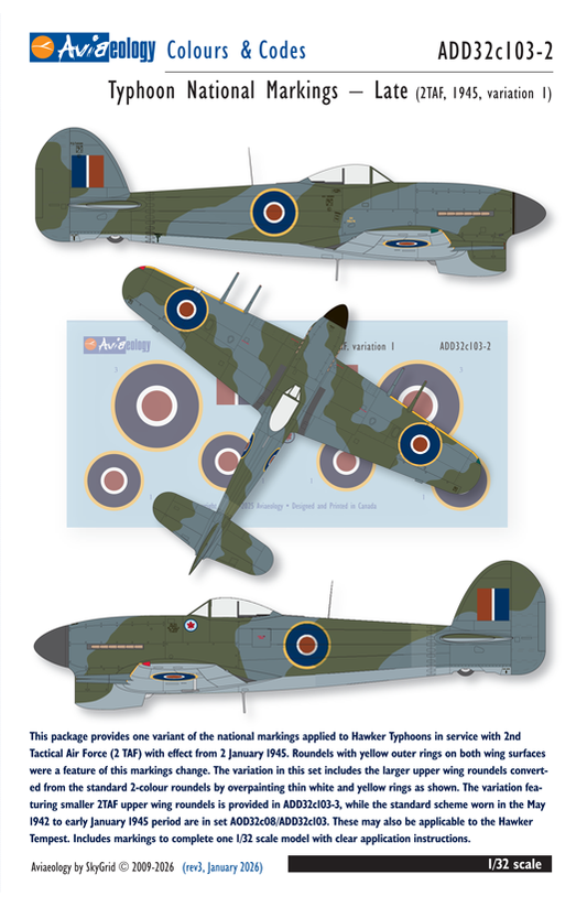 Aviaeology ADD32C103-2 1:32 Hawker Typhoon National Markings – Late (2TAF/BAFO variation1)
