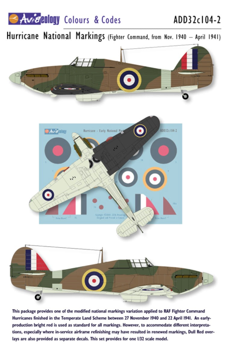 Aviaeology ADD32C104-2 1:32 Hawker Hurricane National Markings – early variation 2 (Nov. 1940 – April 1941)