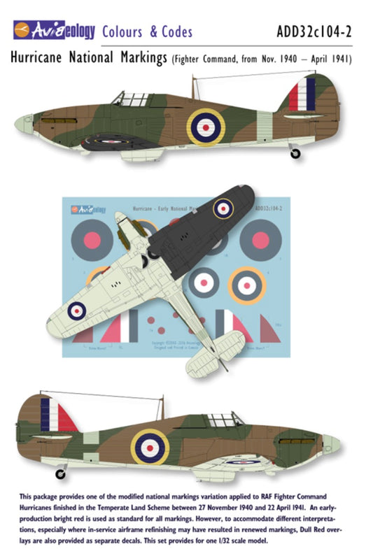 Aviaeology ADD32C104-2 1:32 Hawker Hurricane National Markings – early variation 2 (Nov. 1940 – April 1941)