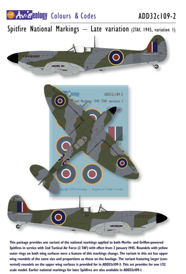 Aviaeology ADD32C109-2 1:32 Supermarine Spitfire National Markings – Late (2 TAF, 1945, variation 1)