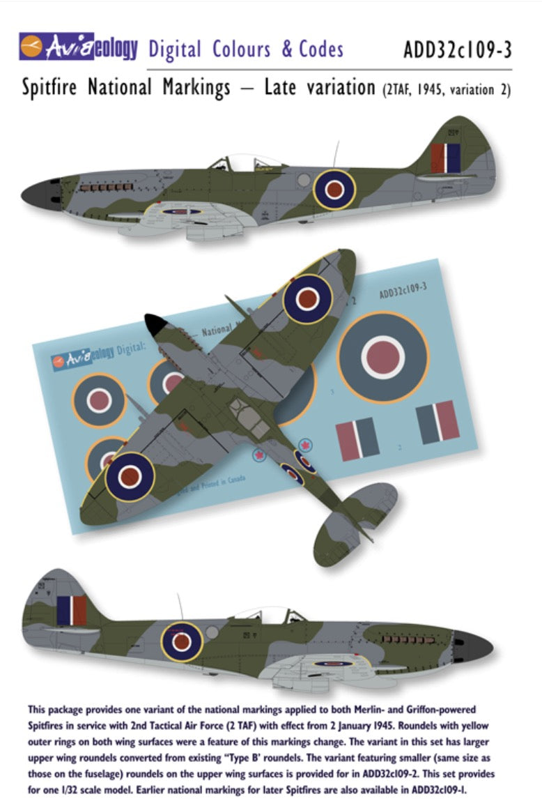 Aviaeology ADD32C109-3 1:32 Supermarine Spitfire National Markings – Late (2TAF, 1945, variation 2. large upper wing roundels)