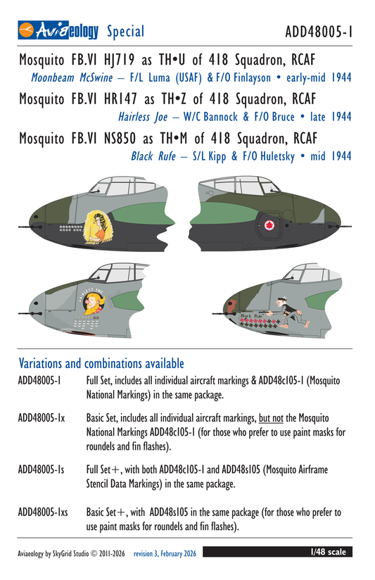 Aviaeology ADD48005-1X 1:48 de Havilland Mosquito FB.VI Intruders HJ719, HR147, & NS850 of 418 Sqn, RCAF (Basic Set)