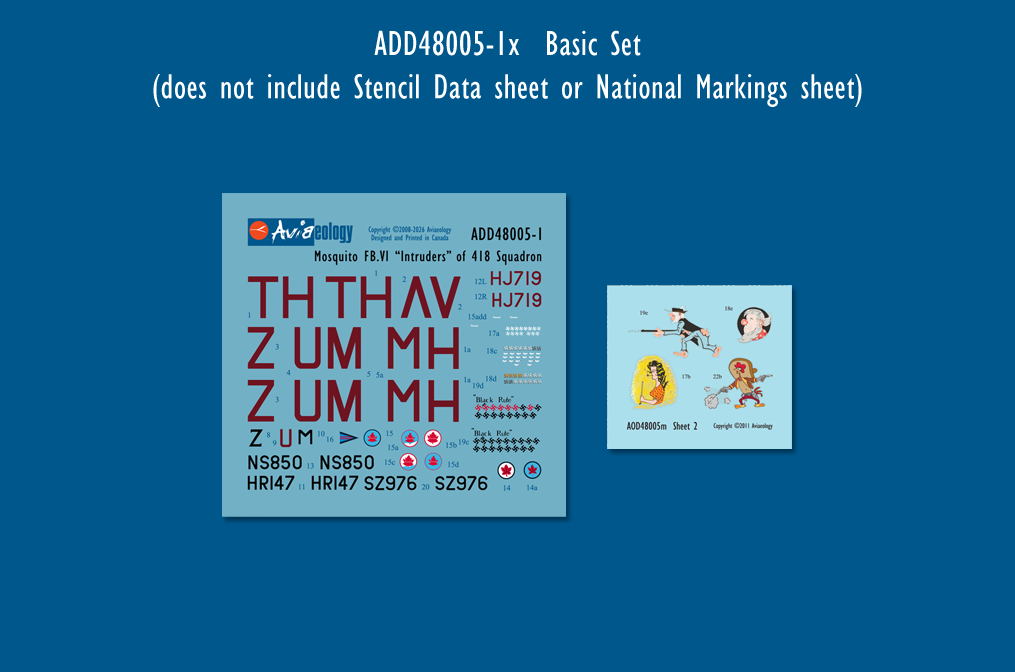 Aviaeology ADD48005-1X 1:48 de Havilland Mosquito FB.VI Intruders HJ719, HR147, & NS850 of 418 Sqn, RCAF (Basic Set)