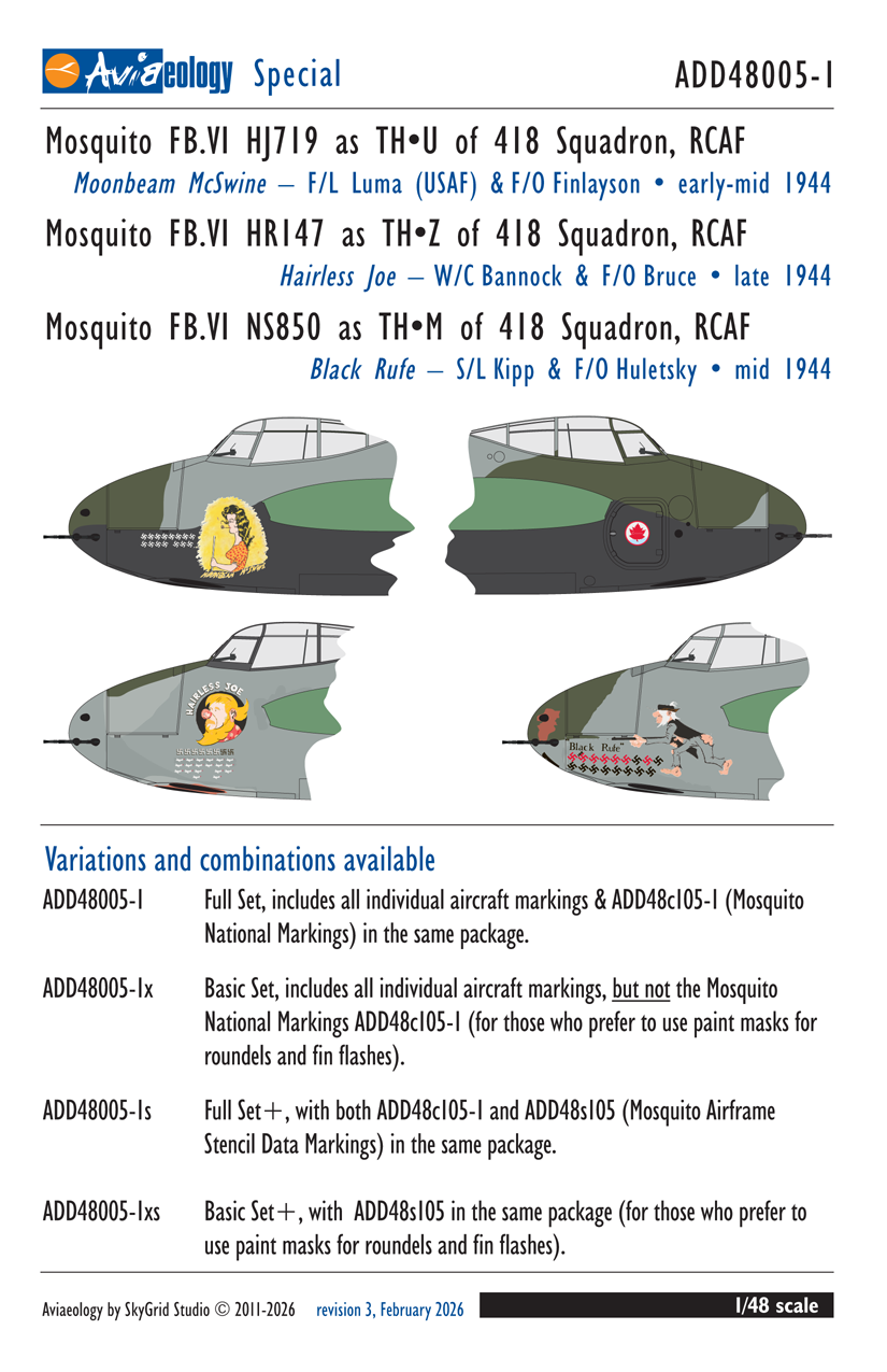Aviaeology ADD48005-1 1:48 de Havilland Mosquito FB.VI Intruders HJ719, HR147, & NS850 of 418 Sqn, RCAF (Full Set)