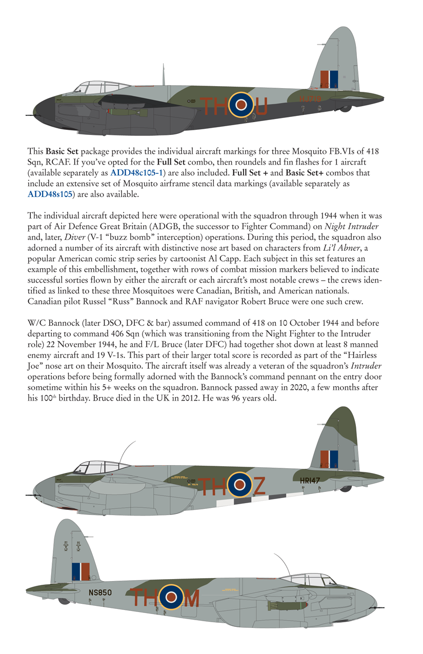 Aviaeology ADD48005-1 1:48 de Havilland Mosquito FB.VI Intruders HJ719, HR147, & NS850 of 418 Sqn, RCAF (Full Set)