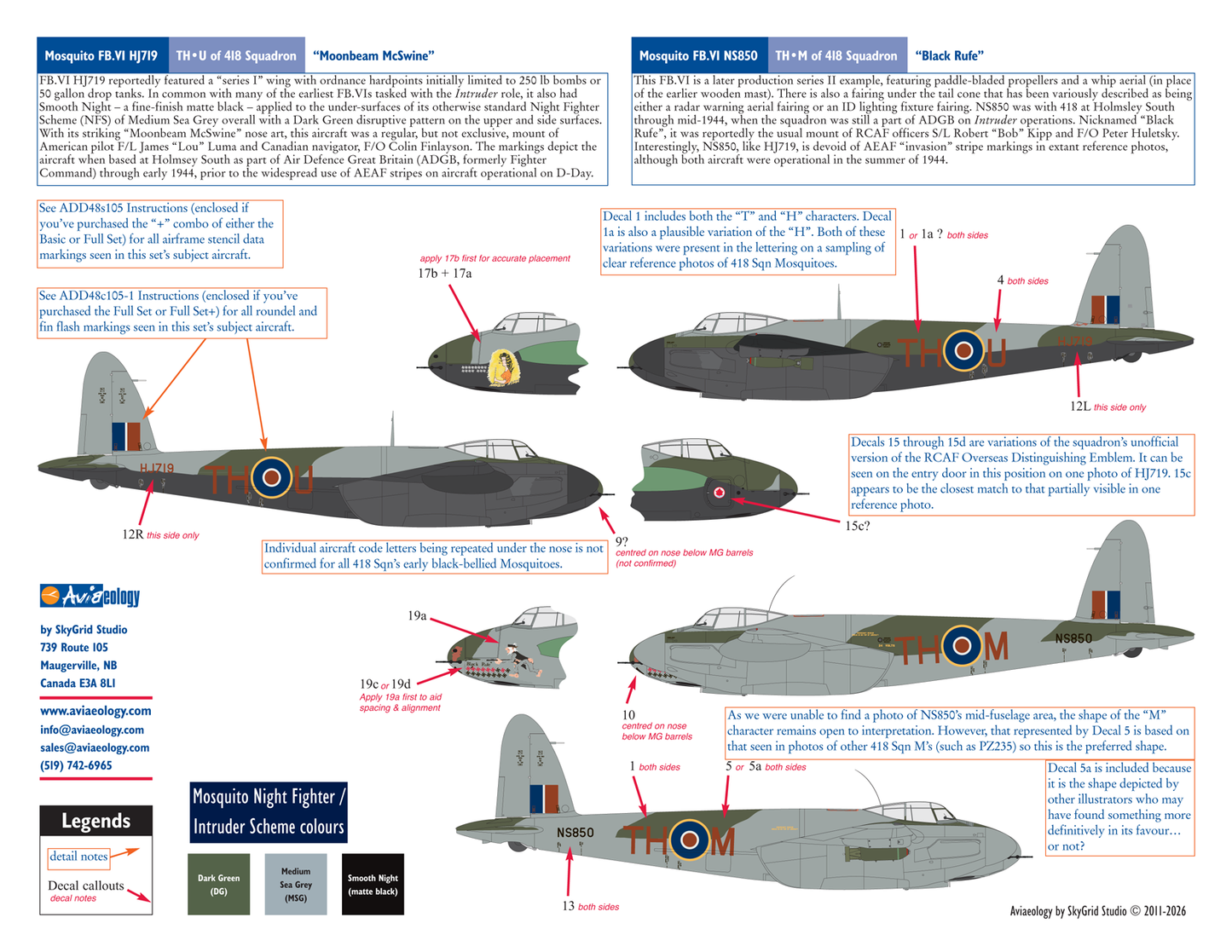 Aviaeology ADD48005-1 1:48 de Havilland Mosquito FB.VI Intruders HJ719, HR147, & NS850 of 418 Sqn, RCAF (Full Set)