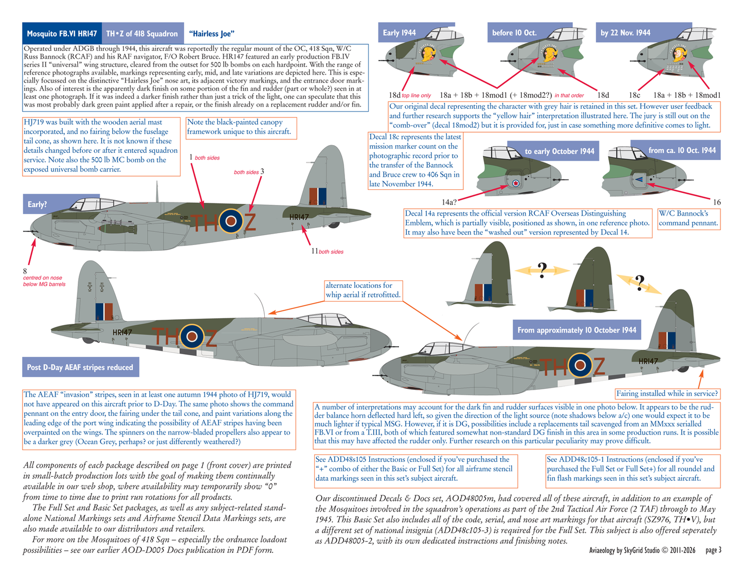 Aviaeology ADD48005-1 1:48 de Havilland Mosquito FB.VI Intruders HJ719, HR147, & NS850 of 418 Sqn, RCAF (Full Set)