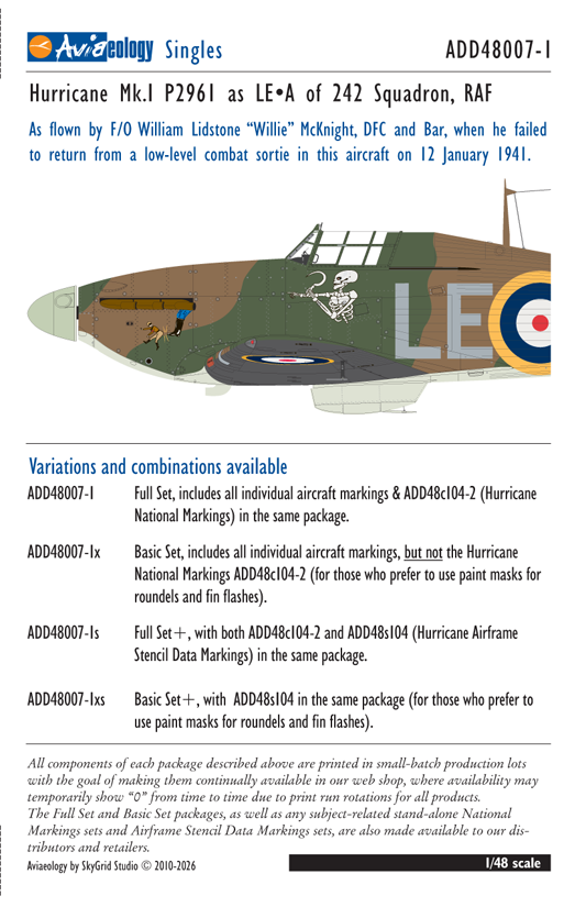 Aviaeology ADD48007-1X 1:48 Hawker Hurricane Mk.I P2961 as LE•A of 242 Sqn, RAF – McKnight aircraft (Basic Set)