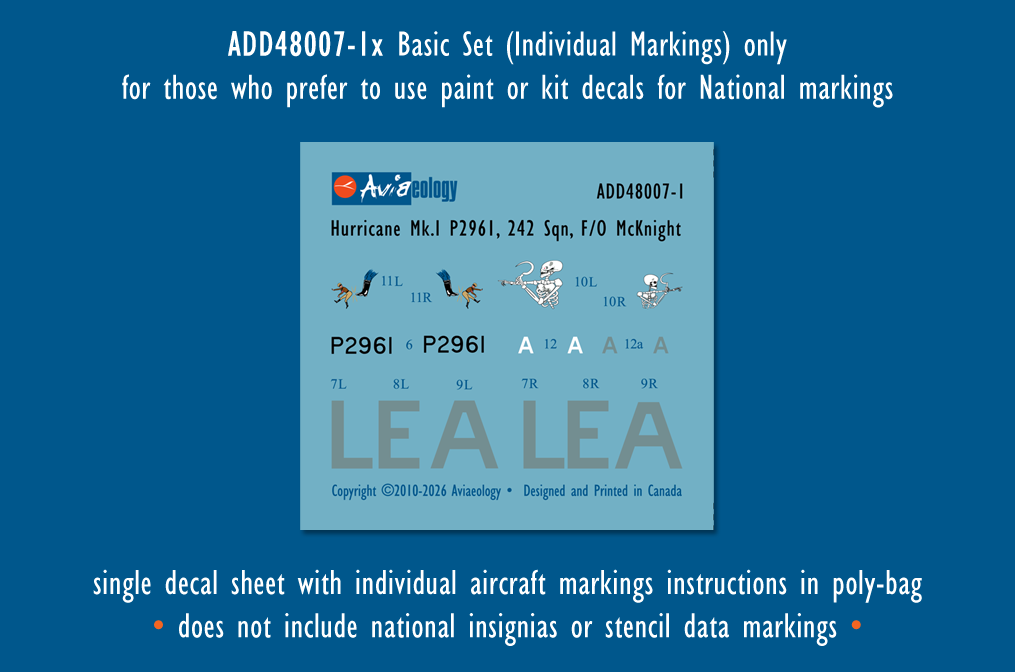 Aviaeology ADD48007-1X 1:48 Hawker Hurricane Mk.I P2961 as LE•A of 242 Sqn, RAF – McKnight aircraft (Basic Set)