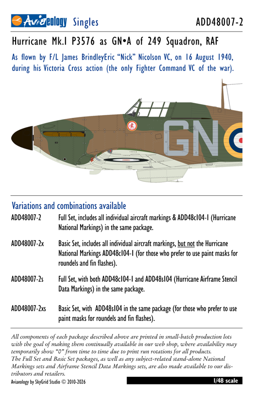 Aviaeology ADD48007-2X 1:48 Hawker Hurricane Mk.I P3576 as GN•A of 249 Sqn, RAF – Nicolson VC (Basic Set)