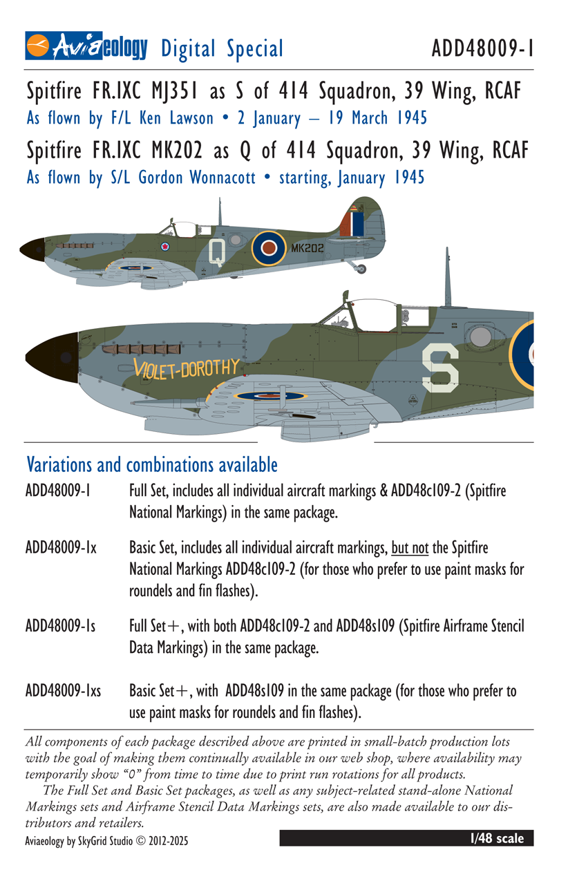 Aviaeology ADD48009-1 1:48 Supermarine Spitfire FR.IXCs MJ351 & MK202 of 414 Squadron, 39 Wing, RCAF