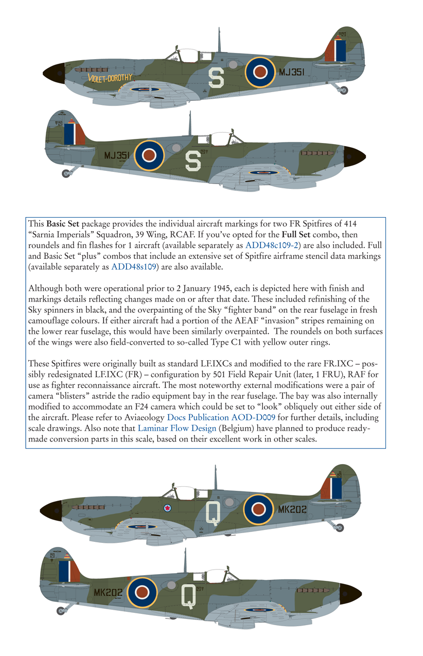 Aviaeology ADD48009-1 1:48 Supermarine Spitfire FR.IXCs MJ351 & MK202 of 414 Squadron, 39 Wing, RCAF