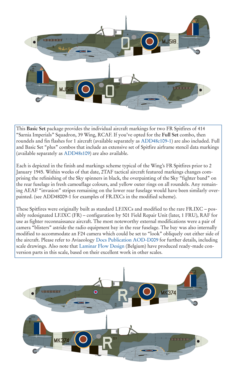 Aviaeology ADD48009-2 1:48 Supermarine Spitfire FR.IXCs MJ518 & MK374 of 414 Squadron, 39 Wing, RCAF