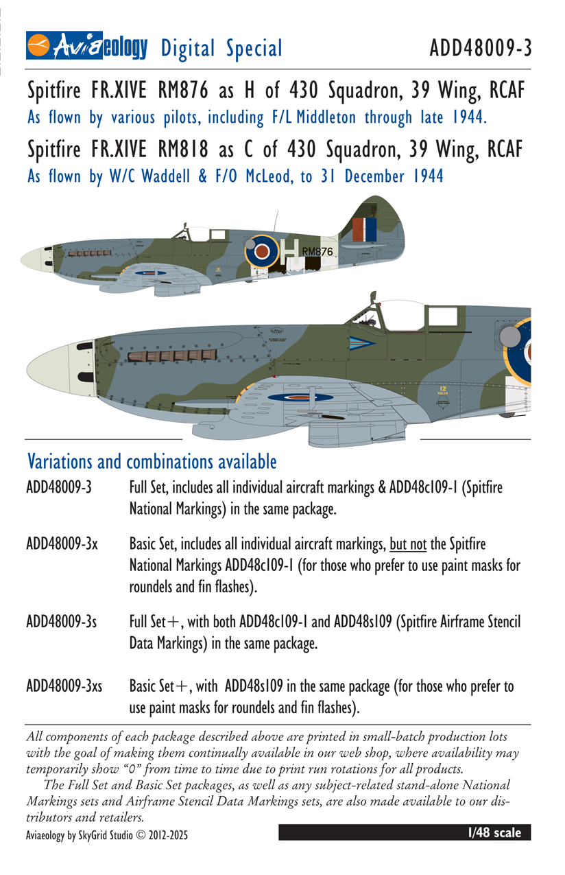 Aviaeology ADD48009-3X 1:48 Supermarine Spitfire FR.XIVEs RM876 & RM818 of 430 Squadron, 39 Wing, RCAF (Basic Set)