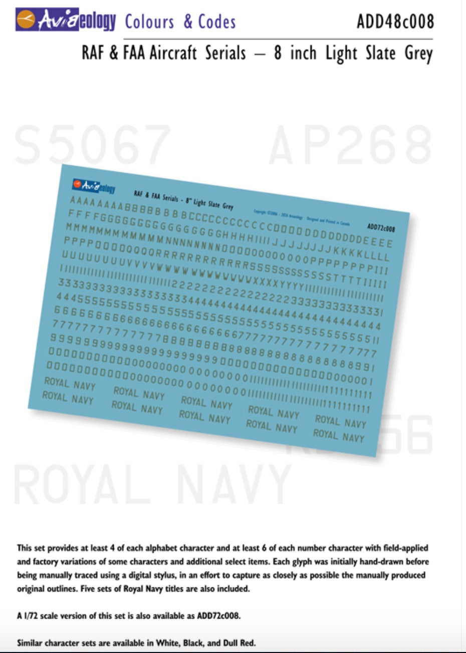Aviaeology ADD48C008 1:48 RAF & FAA Aircraft Serials: 8' Light Slate Grey