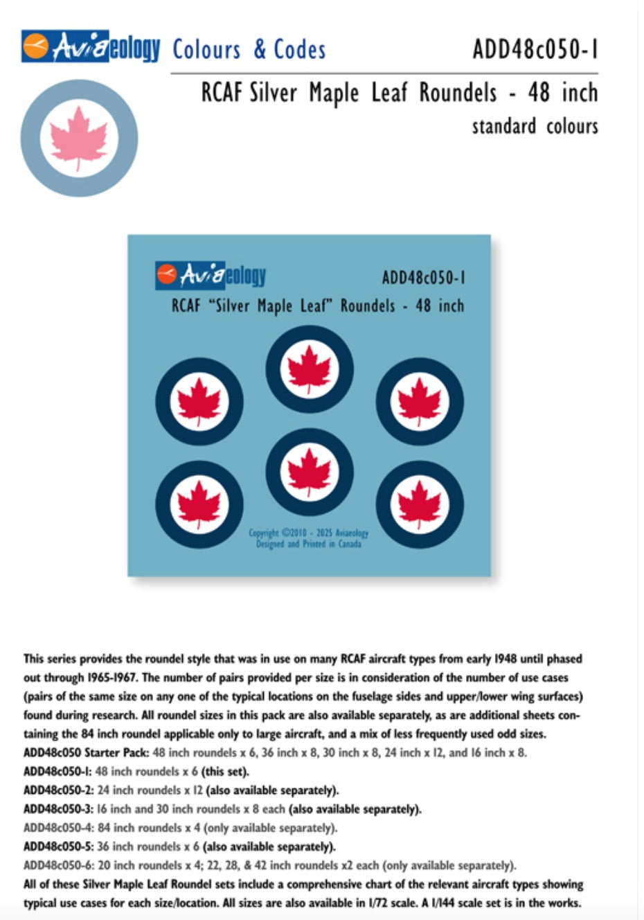 Aviaeology ADD48C050-1 1:48 RCAF 'Silver Maple Leaf' Roundels - 48 inch