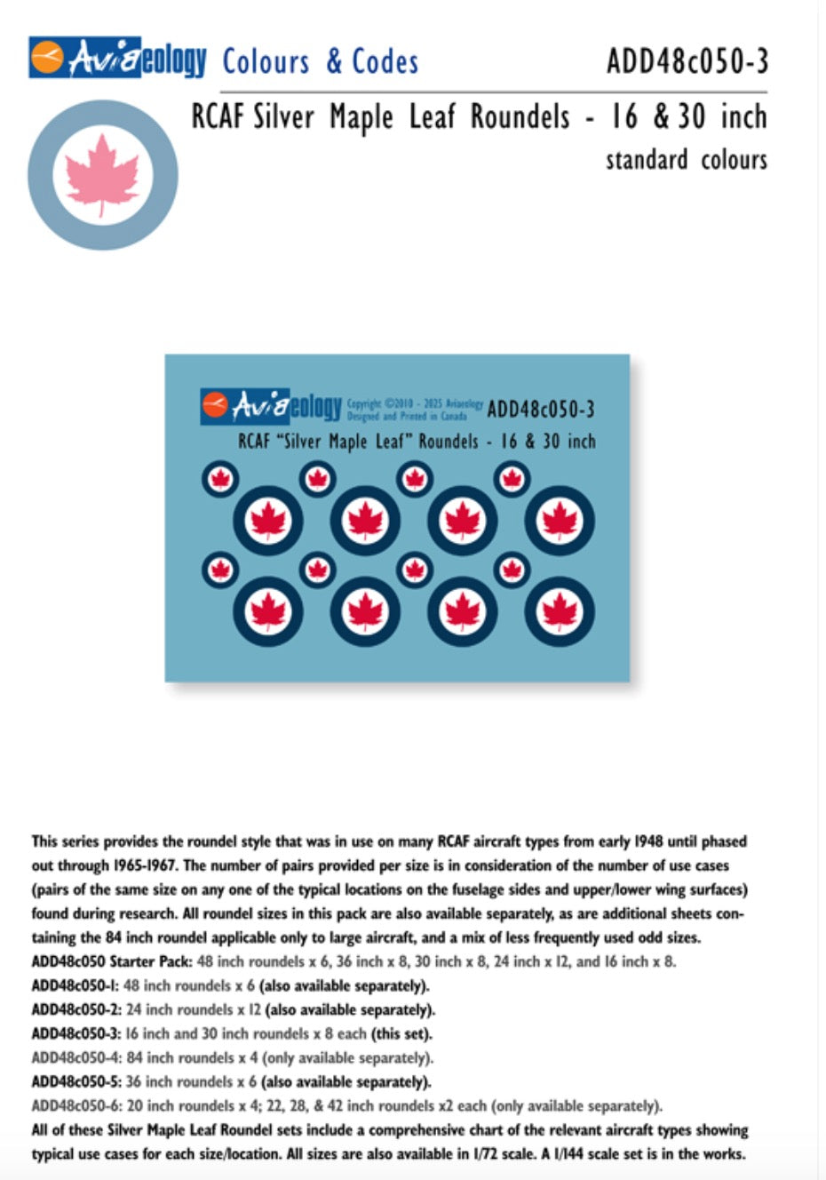Aviaeology ADD48C050-3 1:48 RCAF 'Silver Maple Leaf' Roundels - 16 & 30 inch