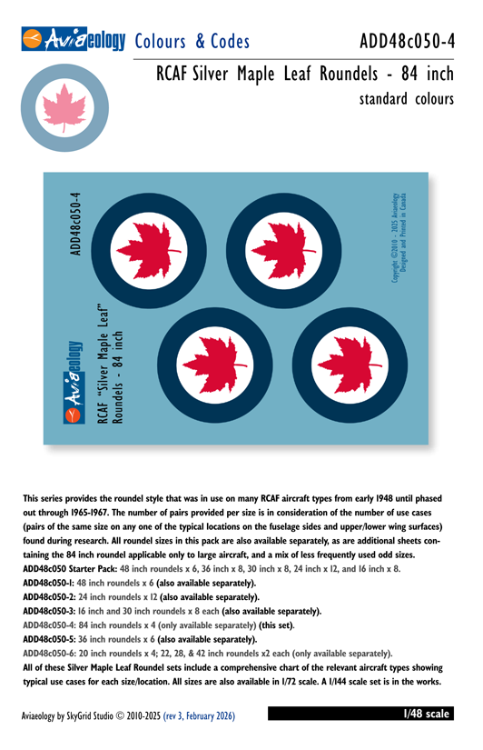 Aviaeology ADD48C050-4 1:48 RCAF 'Silver Maple Leaf' Roundels - 84 inch Complements Decal Set No.ADD48C050