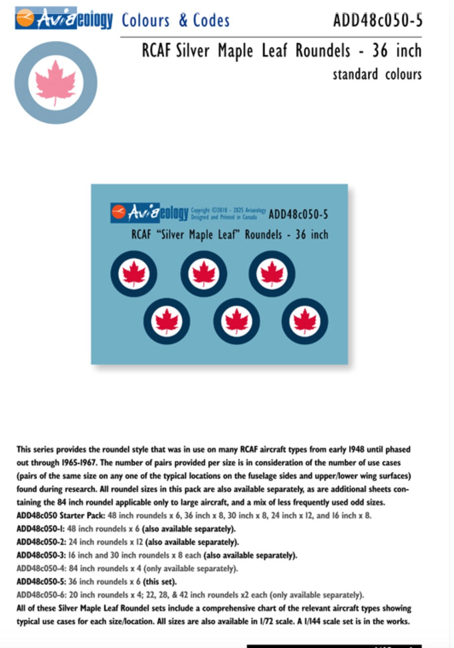 Aviaeology ADD48C050-5 1:48 RCAF 'Silver Maple Leaf' Roundels - 36 inch