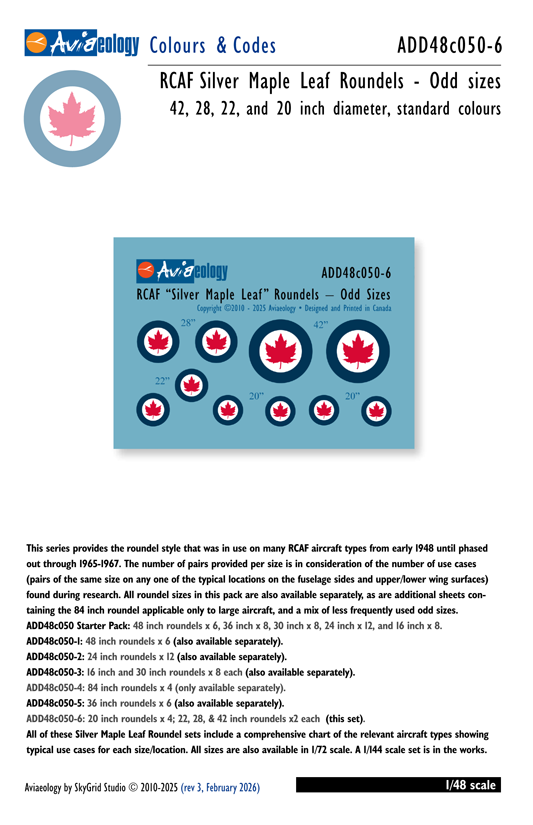 Aviaeology ADD48C050-6 1:48 RCAF 'Silver Maple Leaf' Roundels - Odd Sizes - Complements Decal Sheet No.ADD48C050