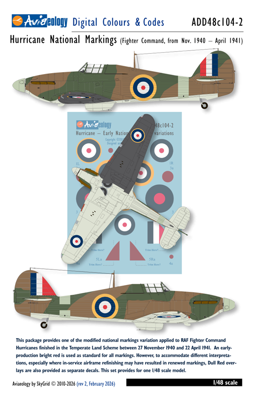 Aviaeology ADD48C104-2 1:48 Hurricane National Markings – Early Variation 2 (Nov. 1940 – April 1941) [Mk.I Mk.IIB Mk.IIC]