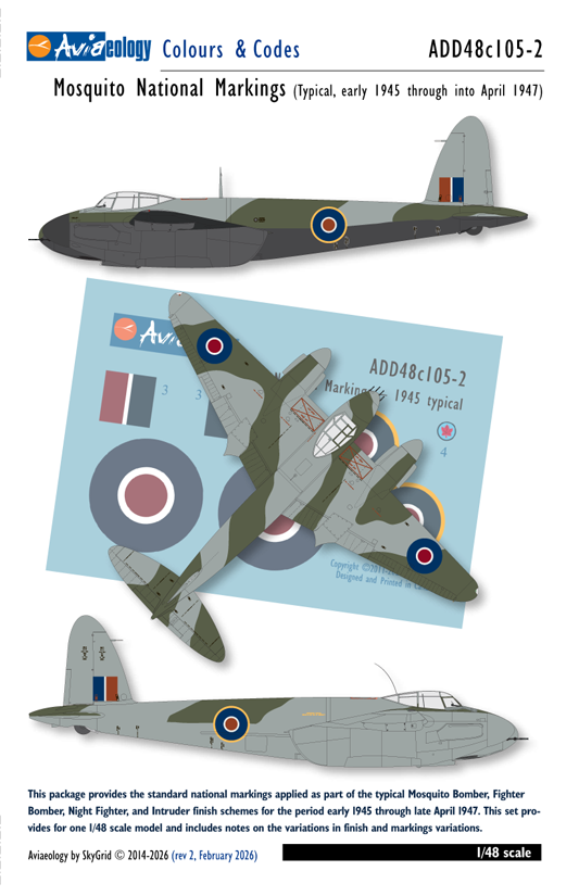 Aviaeology ADD48C105-2 1:48 de Havilland Mosquito National Markings – Typical early 1945 – early 1947
