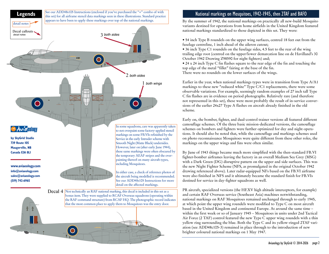 Aviaeology ADD48C105-2 1:48 de Havilland Mosquito National Markings – Typical early 1945 – early 1947