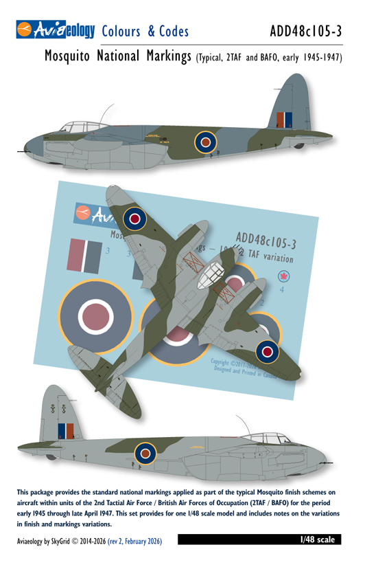 Aviaeology ADD48C105-3 1:48 de Havilland Mosquito National Markings – 2TAF/BAFO Variation Early 1945 – Early 1947