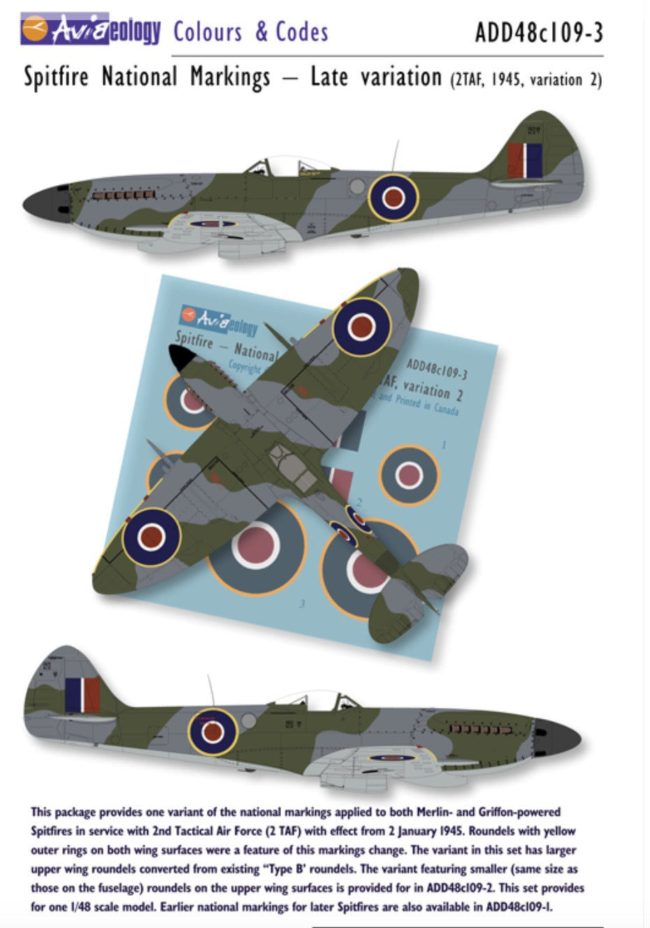 Aviaeology ADD48C109-3 1:48 Supermarine Spitfire National Insignia Markings – Late (2TAF, 1945, variation 2, large upper wing roundels)