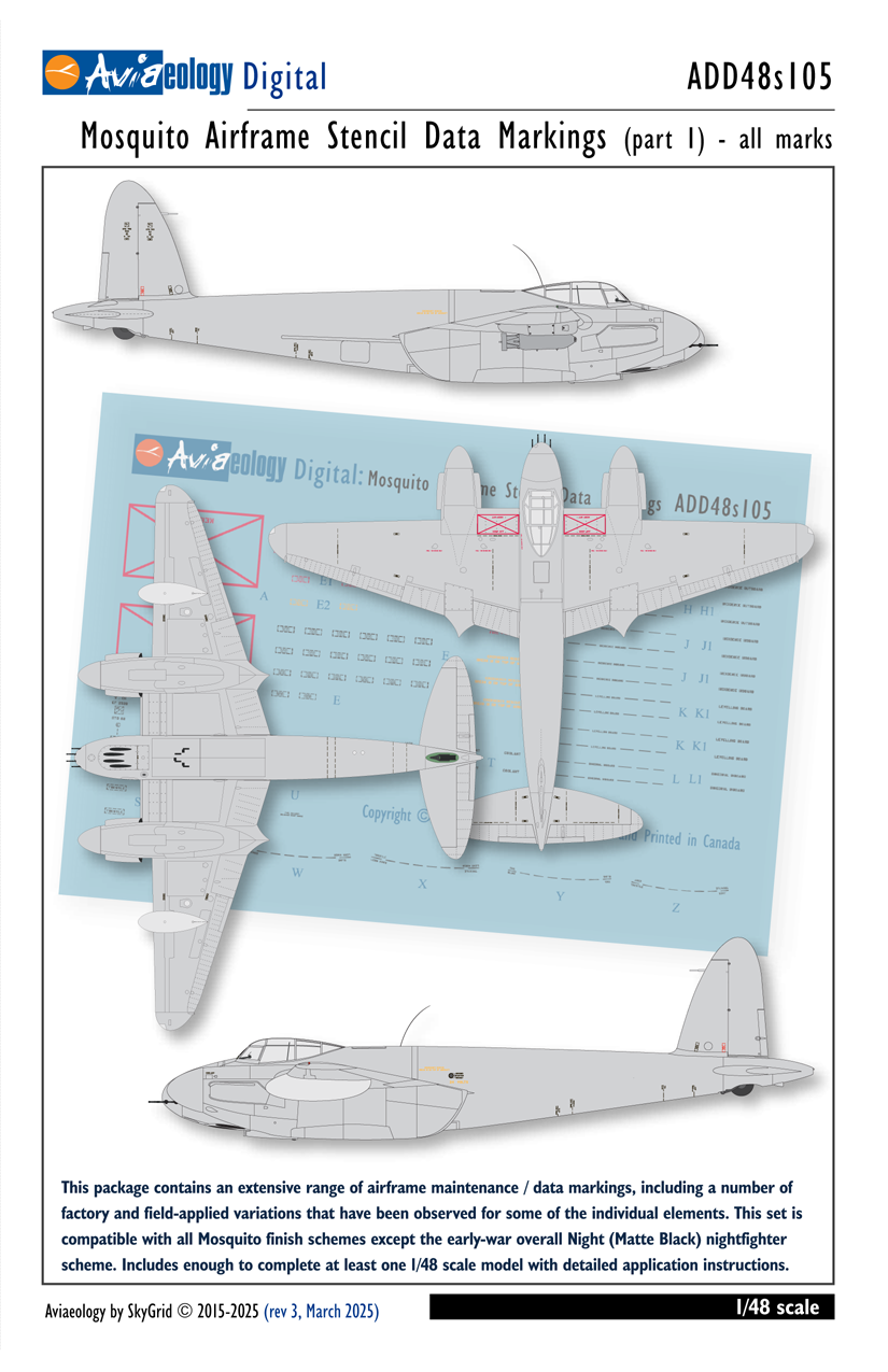 Aviaeology ADD48S105 1:48 de Havilland Mosquito airframe stencil/data marking (part 1)