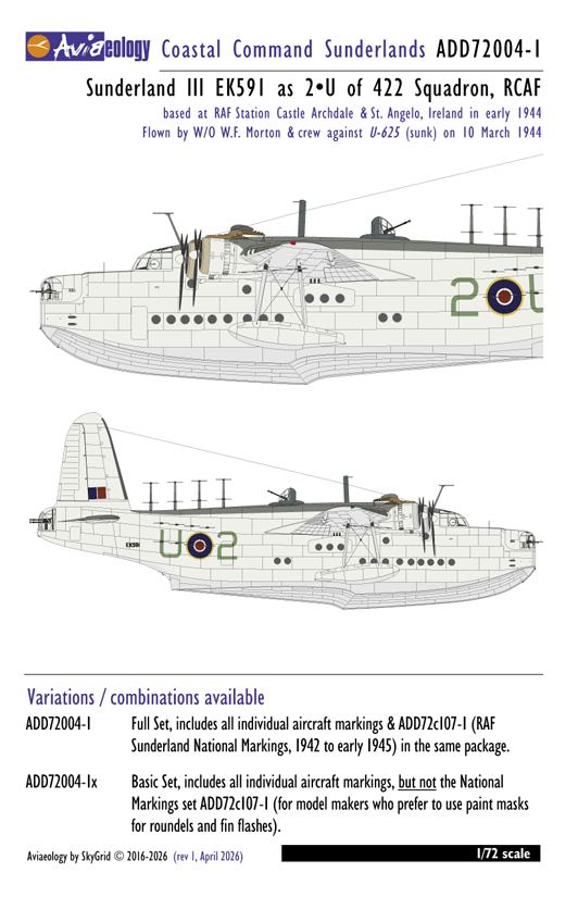 Aviaeology ADD72004-1X 1:72 Sunderland EK591 2-U of 422 Sqn, RCAF (Basic Set)