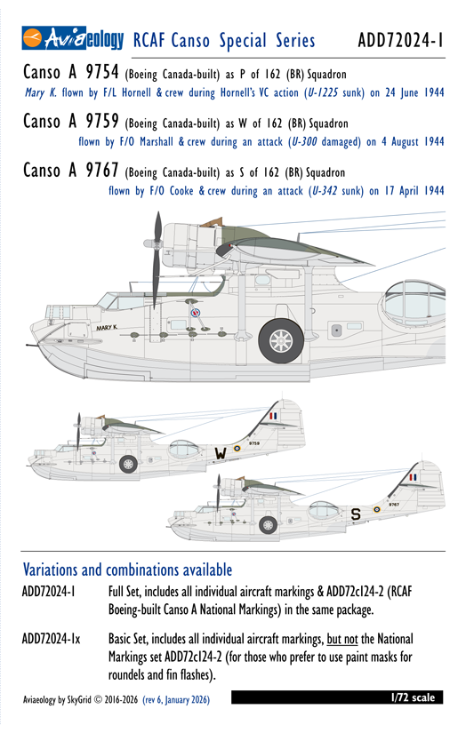 Aviaeology ADD72024-1X 1:72 Canso As, 9754 (Hornell VC), 9759, & 9767 of 162 (BR) Squadron, RCAF (Basic Set)