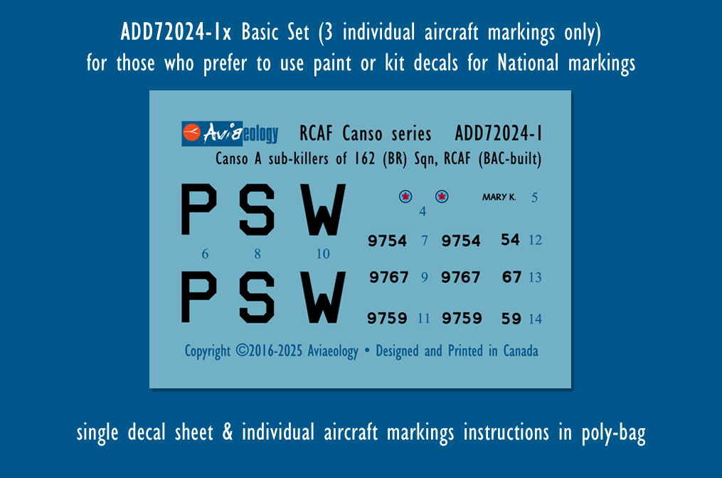 Aviaeology ADD72024-1X 1:72 Canso As, 9754 (Hornell VC), 9759, & 9767 of 162 (BR) Squadron, RCAF (Basic Set)