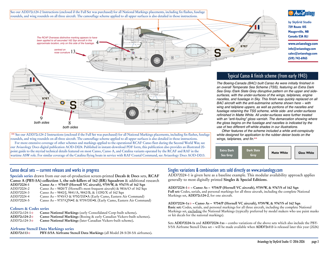 Aviaeology ADD72024-1 1:72 Canso As, 9754 (Hornell VC), 9759, & 9767 of 162 (BR) Squadron, RCAF (Full Set)