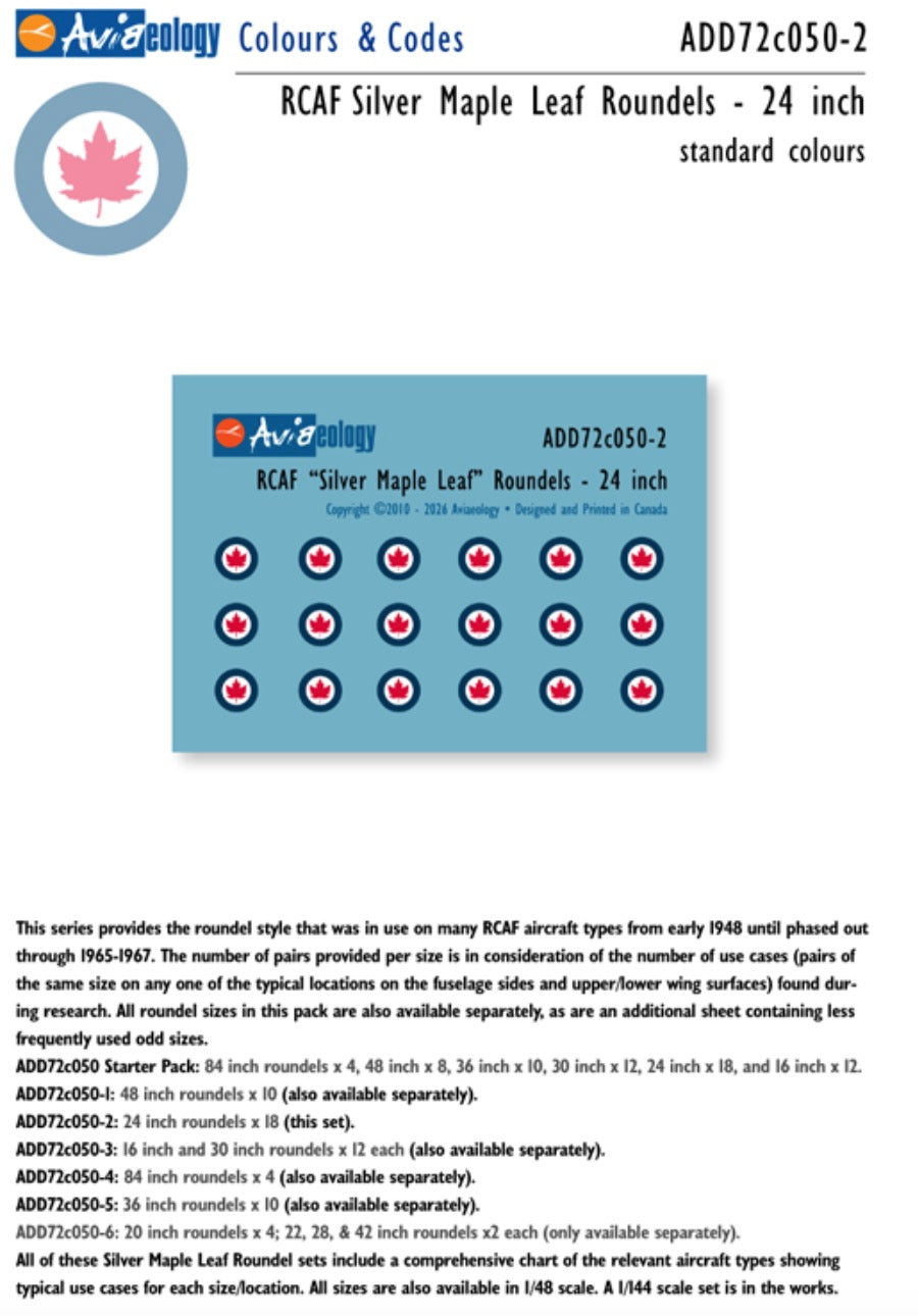 Aviaeology ADD72C050-2 1:72 RCAF 'Silver Maple Leaf' Roundels - 24 inch	Colours & Codes