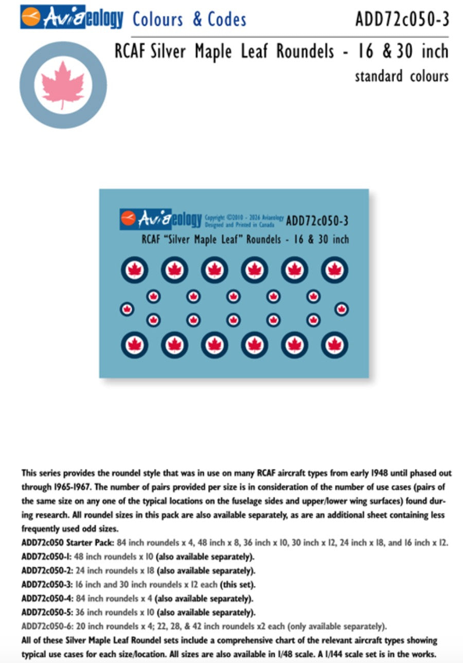 Aviaeology ADD72C050-3 1:72 RCAF 'Silver Maple Leaf' Roundels - 16 & 30 inch	Colours & Codes
