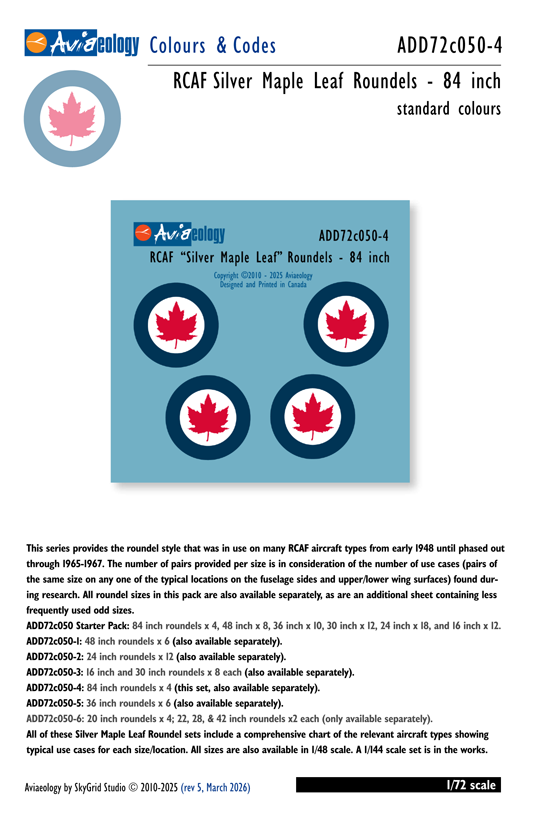 Aviaeology ADD72C050-4 1:72 RCAF 'Silver Maple Leaf' Roundels - 84 inch Colours & Codes Complements Decal Sheet No.ADD72050