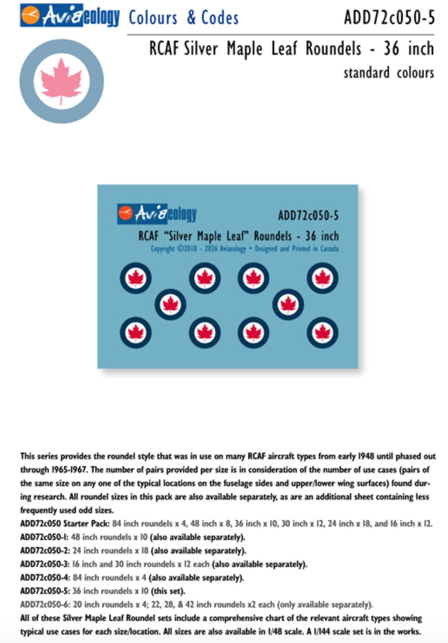 Aviaeology ADD72C050-5 1:72 RCAF 'Silver Maple Leaf' Roundels - 36 inch •