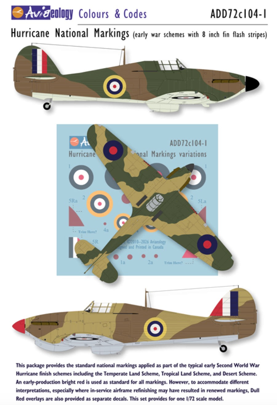 Aviaeology ADD72C104-1 1:72 Hawker Hurricane National Markings – early variation 1