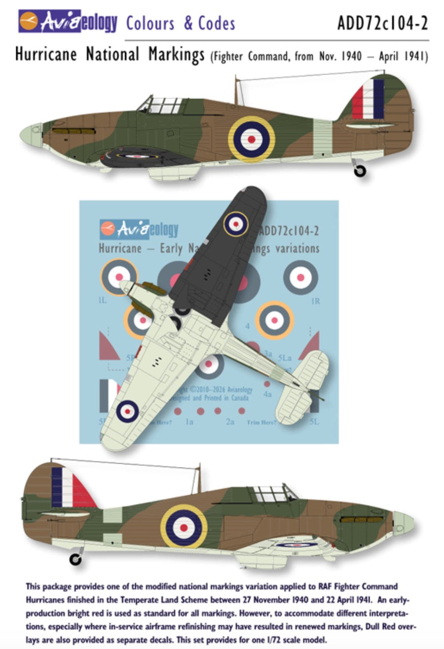 Aviaeology ADD72C104-2 1:72 Hawker Hurricane National Markings – early variation 2