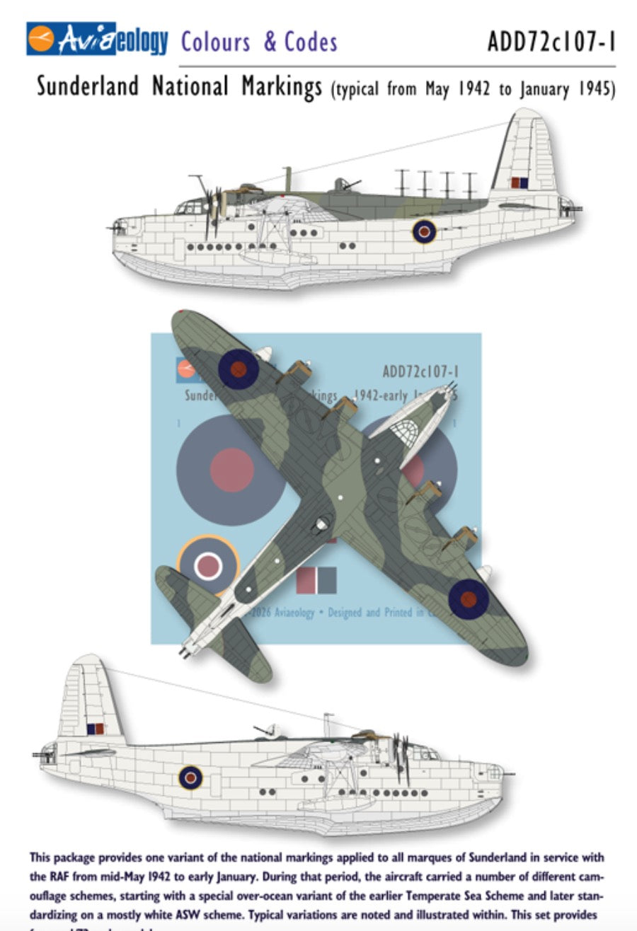 Aviaeology ADD72C107-1 1:72 Short Sunderland National Markings – Standard 1942 to early January 1945
